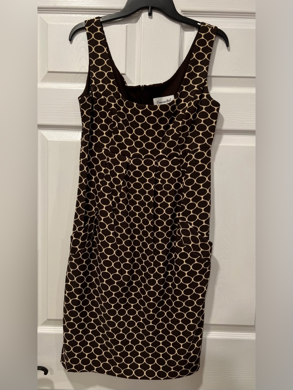 Connected Apparel Brown Sheath Dress Size 10 Cream Circle Print Empire Waist